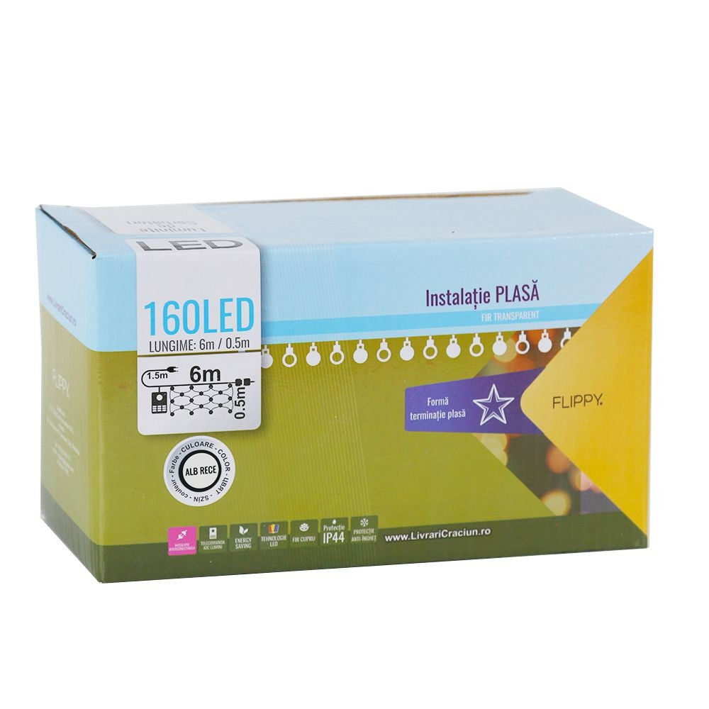 Instalatie de Craciun, Flippy®, Tip Plasa cu Stelute, 6 x 0.5 m, 160 LED-uri, Interconectabila, Alb Rece - vivimall.ro