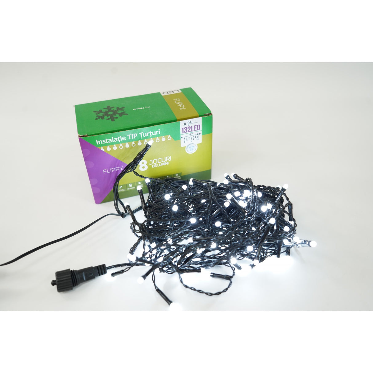 Instalație Crăciun tip turturi Flippy, 132 LED-uri alb rece, secțiune 4 m, fir negru, vedere frontală