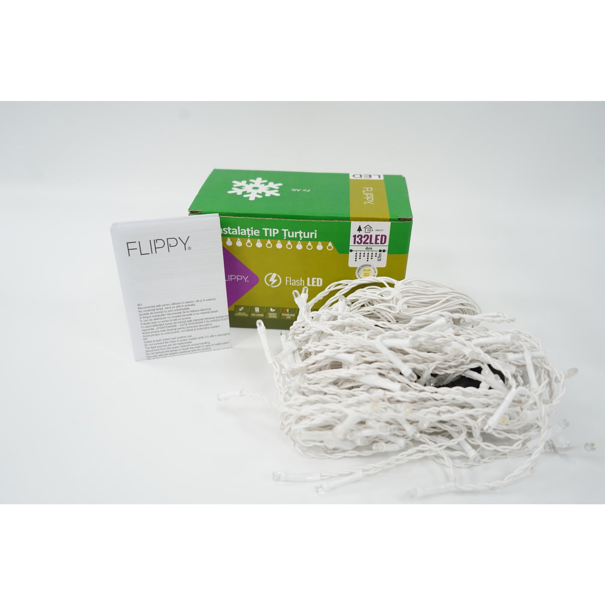 Instalatie de Craciun Flippy® Tip Turturi, Franjuri cu Flash, Sectiune 4 m, 132 LED-uri, Interconectabila, Fir Alb, Alb Cald - vivimall.ro