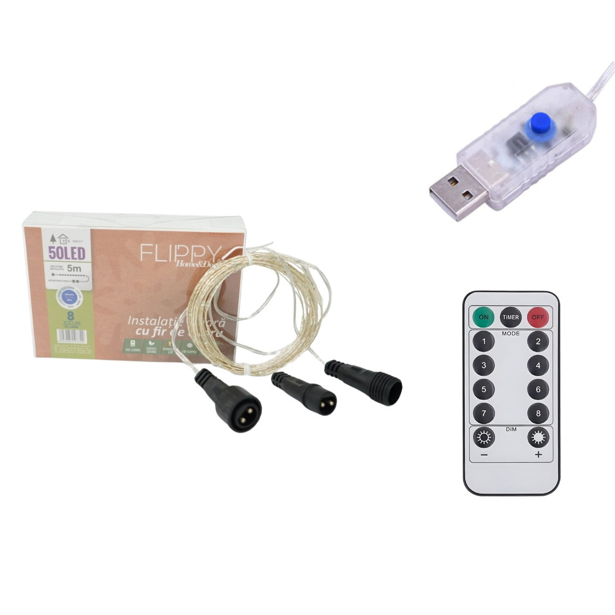 Instalatie de Craciun Liniara, Vivimall®, Tip Liniara, Fir Cupru, 8 Jocuri de Lumini, cu Telecomanda, 5 m, 50 Led-uri, Alimentare USB, 4.5V, Albastru