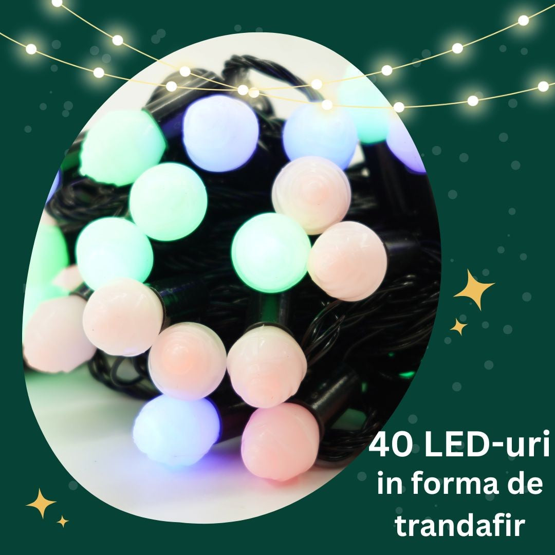 Instalatie de Craciun Liniara RGRB Yoto, 10 m, din care 1 m Prelungitor 220V, 40 LED, Bilute Mate, Interconectabila, Utilizare Interior/Exterior, Fir Negru, multicolor - vivimall.ro