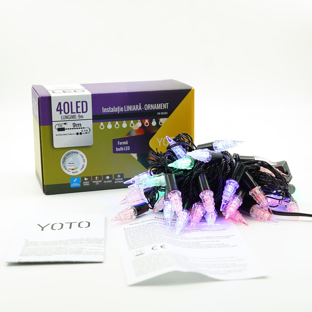 Instalatie de Craciun Liniara RGRB Yoto, 10 m, din care 1 m Prelungitor 220V, 40 LED, Model Brazi, Utilizare Interior/Exterior, Interconectabila, Fir Negru, multicolor - vivimall.ro