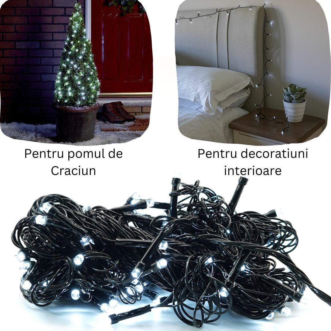 Instalatie de Craciun liniara Yoto, 24 m, din care 1 m cablu priza 220V, 300 LED, 8 jocuri de lumini, controler, fir negru, alb rece - vivimall.ro