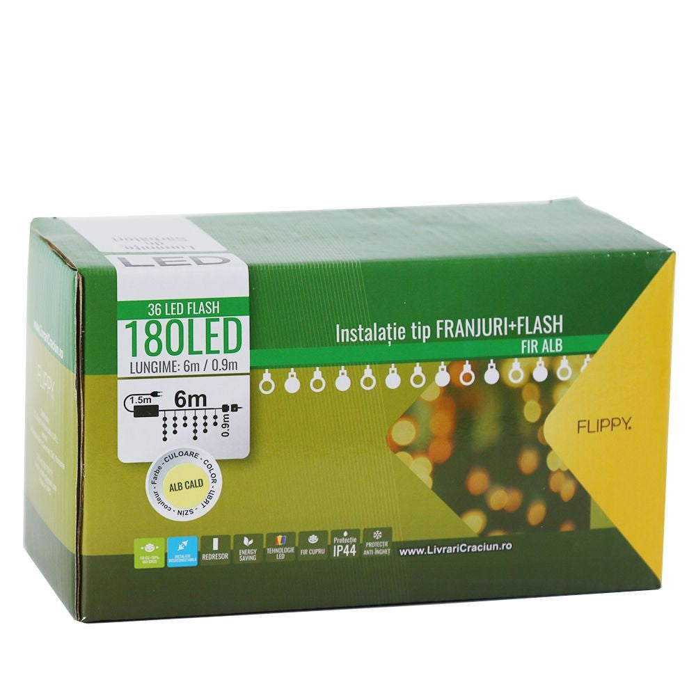 Instalatie de Craciun, Premium Flippy®, Tip Franjuri cu Flash, 6 m, 180 LED-uri, Alb Cald, Interconectabila - vivimall.ro