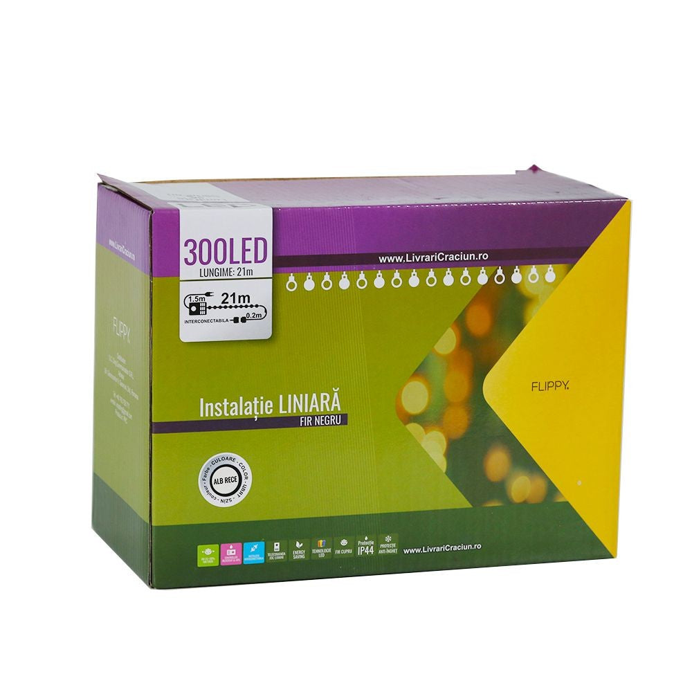 Instalatie de Craciun, Premium Flippy®, Tip Liniara, 21 m, 300 LED-uri, Interconectabila, Alb Rece - vivimall.ro