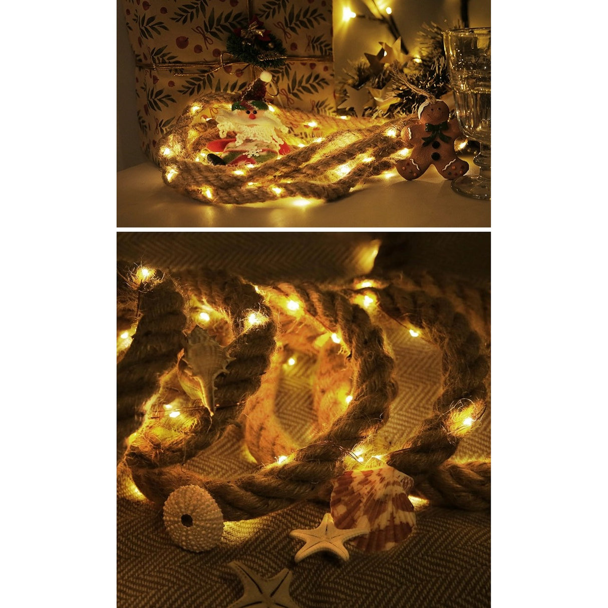 Instalatie Luminoasa, Flippy, cu Fir de Cupru, 3 m, 60 LED-uri, Model Sfoara de Canepa, cu Baterii, 8 Jocuri de Lumini, IP44, Alb Cald - vivimall.ro