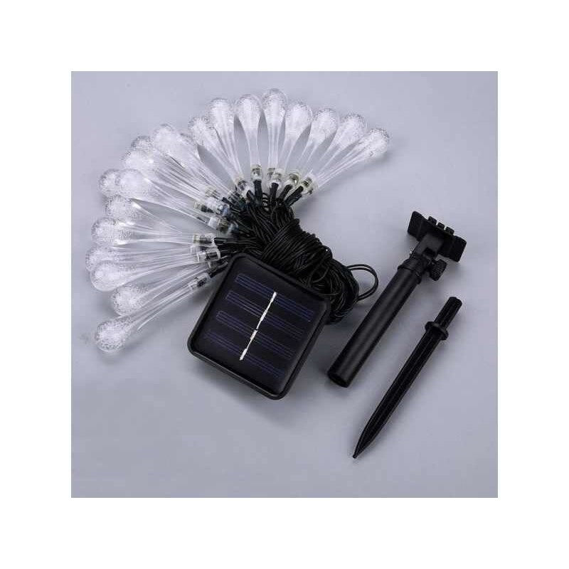 Instalatie Solara 6 m, 28 Led-uri cu Ornament tip picatura de apa, Liniara, Fir negru, Alb Rece - vivimall.ro