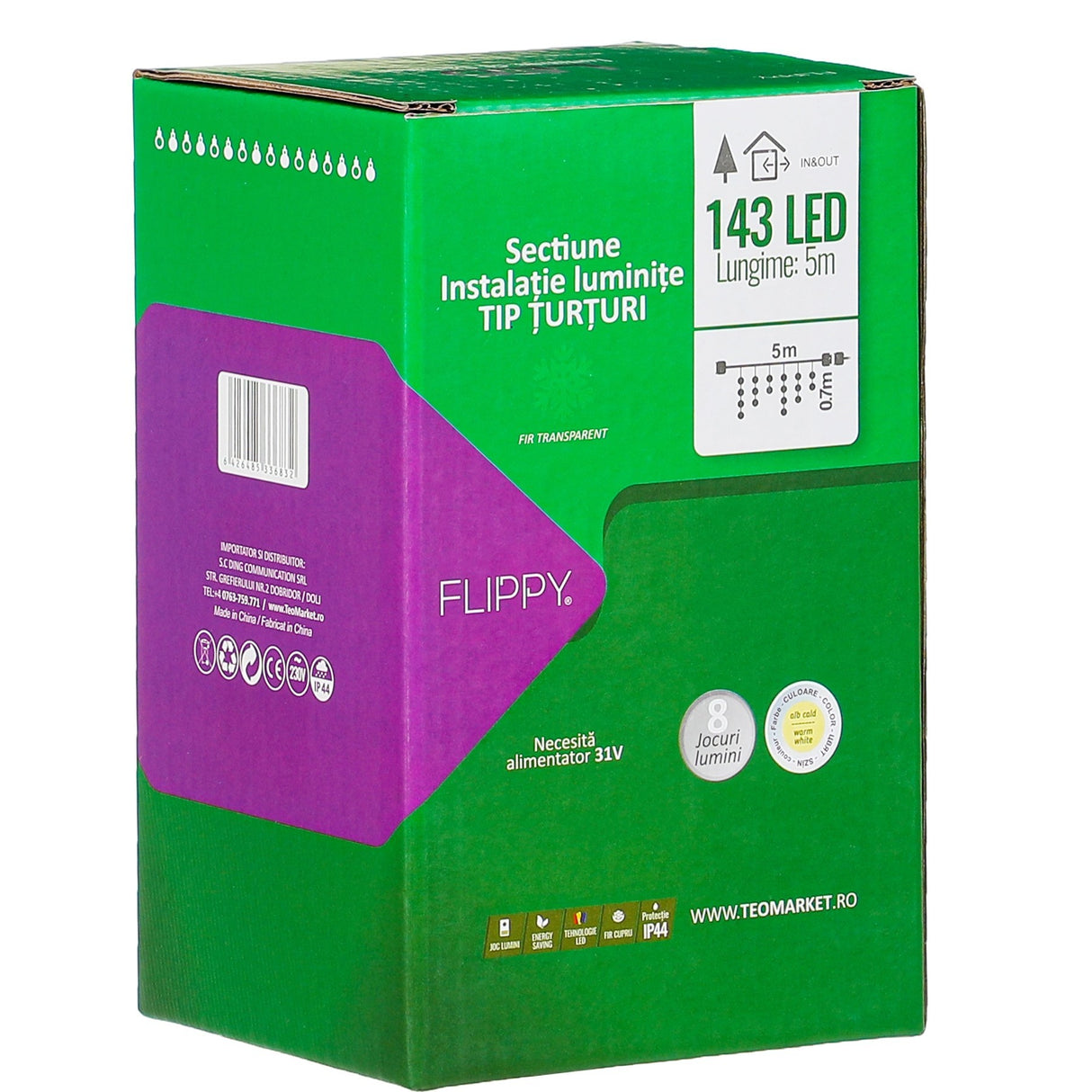 Instalatie Solara Craciun Turturi, IP44, 5 m, 143 Led-uri, Perdea Franjurata, Alb cald, 8 jocuri de lumini, cu Telecomanda, 31V, 500 mAh, Acumulator de 2400 mAh, Exterior, Prelungitor 5 m inclus, Fir Transparent, Vivimall - vivimall.ro