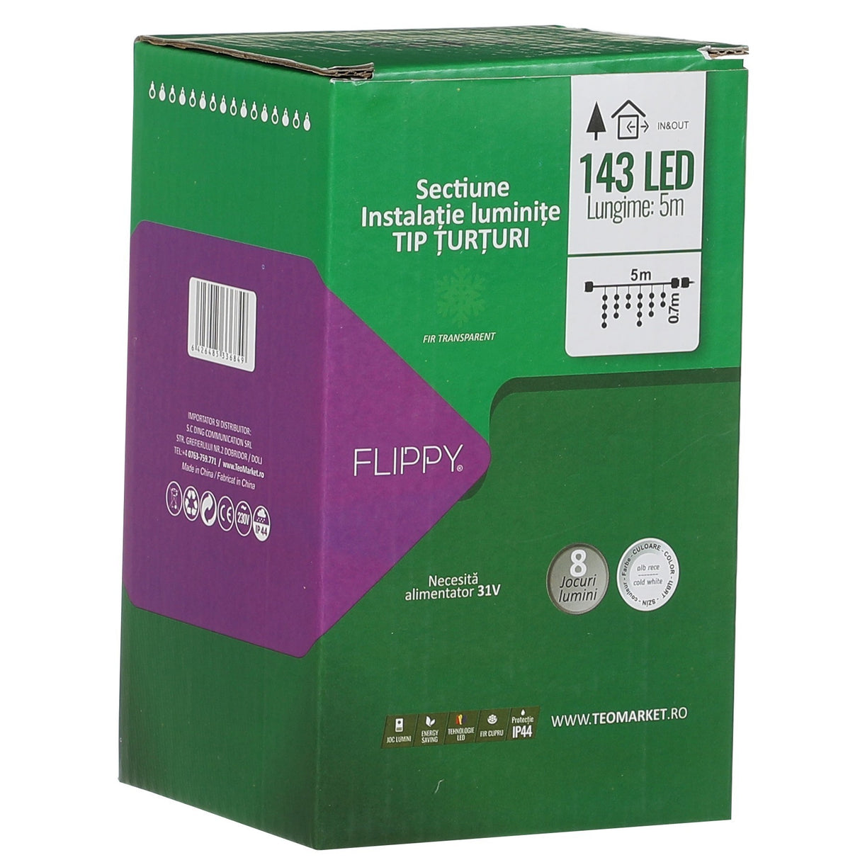 Instalatie Solara Craciun Turturi, IP44, 5 m, 143 Led-uri, Perdea Franjurata, alb rece, 8 jocuri de lumini, cu Telecomanda, 31V, 500 mAh, Acumulator de 2400 mAh, Exterior, Prelungitor 5 m inclus, Fir Alb, Vivimall - vivimall.ro