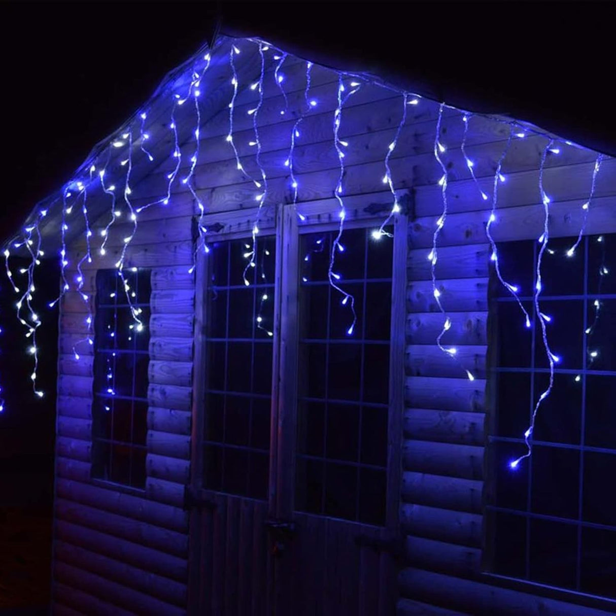Instalatie Solara Craciun Turturi, IP44, 5 m, 143 Led-uri, Perdea Franjurata, Albastru, 8 jocuri de lumini, cu Telecomanda, 31V, 250 mAh, Acumulator de 1200 mAh, Exterior, Prelungitor 3 m inclus, Fir Transparent, Vivimall - vivimall.ro
