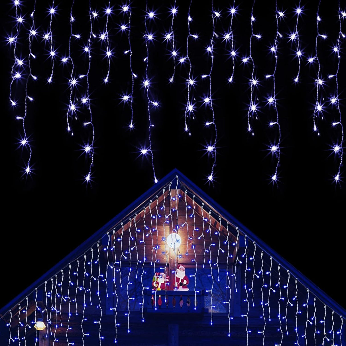 Instalatie Solara Craciun Turturi, IP44, 5 m, 143 Led-uri, Perdea Franjurata, albastru, 8 jocuri de lumini, cu Telecomanda, 31V, 500 mAh, Acumulator de 2400 mAh, Exterior, Prelungitor 5 m inclus, Fir Alb, Vivimall - vivimall.ro