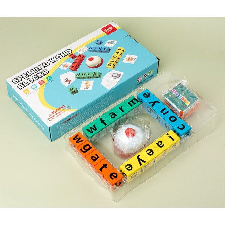 Joc cu Blocuri din Lemn, Flippy, Formare Cuvinte, Cartonase cu Obiecte si Animale, Clopotel, Joc pentru 4 Persoane, 3 Ani+, 28x15.5x5 cm, Multicolor