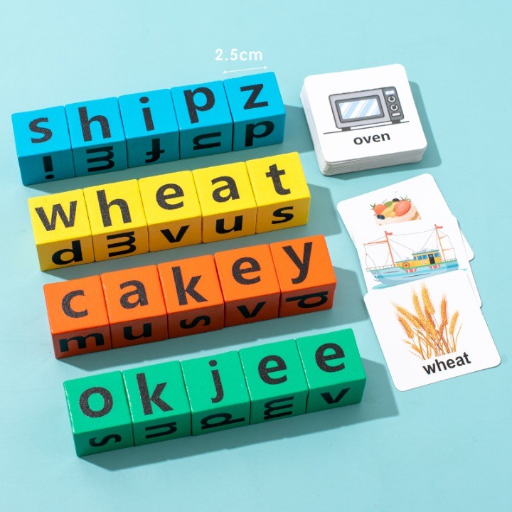 Joc cu Blocuri din Lemn, Flippy, Formare Cuvinte, Cartonase cu Obiecte si Animale, Clopotel, Joc pentru 4 Persoane, 3 Ani+, 28x15.5x5 cm, Multicolor