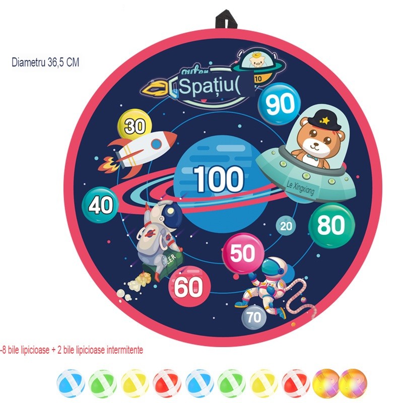 Joc Darts Vivimall pentru Copii, Placa Pliabila 36.5 cm, 8 Mingii Velcro/Scai Simple, 2 Mingii Luminoase, Model Spatiu, Albastru - vivimall.ro