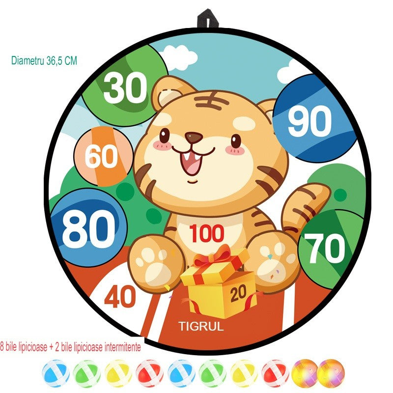 Joc Darts Vivimall pentru Copii, Placa Pliabila 36.5 cm, 8 Mingii Velcro/Scai Simple, 2 Mingii Luminoase, Model Tigru, Portocaliu - vivimall.ro