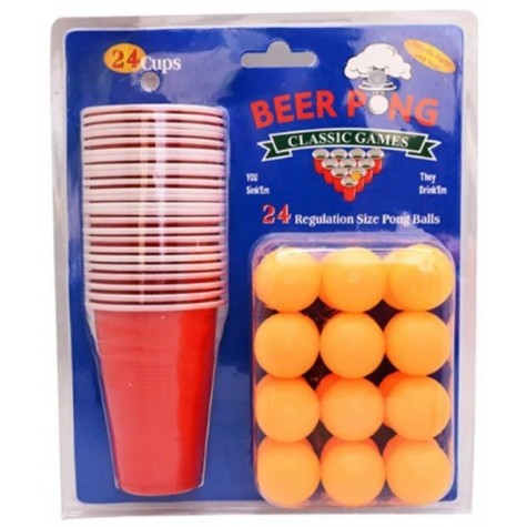 Joc de baut Beer Pong Vivimall, 24 Pahare, 24 Mingi, material plastic, reutilizabil, portabil, rosu - vivimall.ro