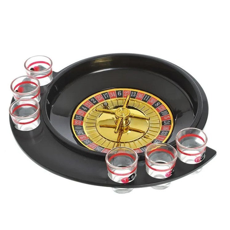 Joc de Baut Ruleta Vivimall, cu 6 Pahare de Shot din Sticla , 30 x 26.5 x 6.5 cm, Rosu/Negru - vivimall.ro