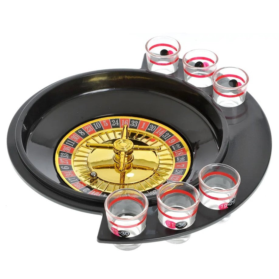 Joc de Baut Ruleta Vivimall, cu 6 Pahare de Shot din Sticla , 30 x 26.5 x 6.5 cm, Rosu/Negru - vivimall.ro