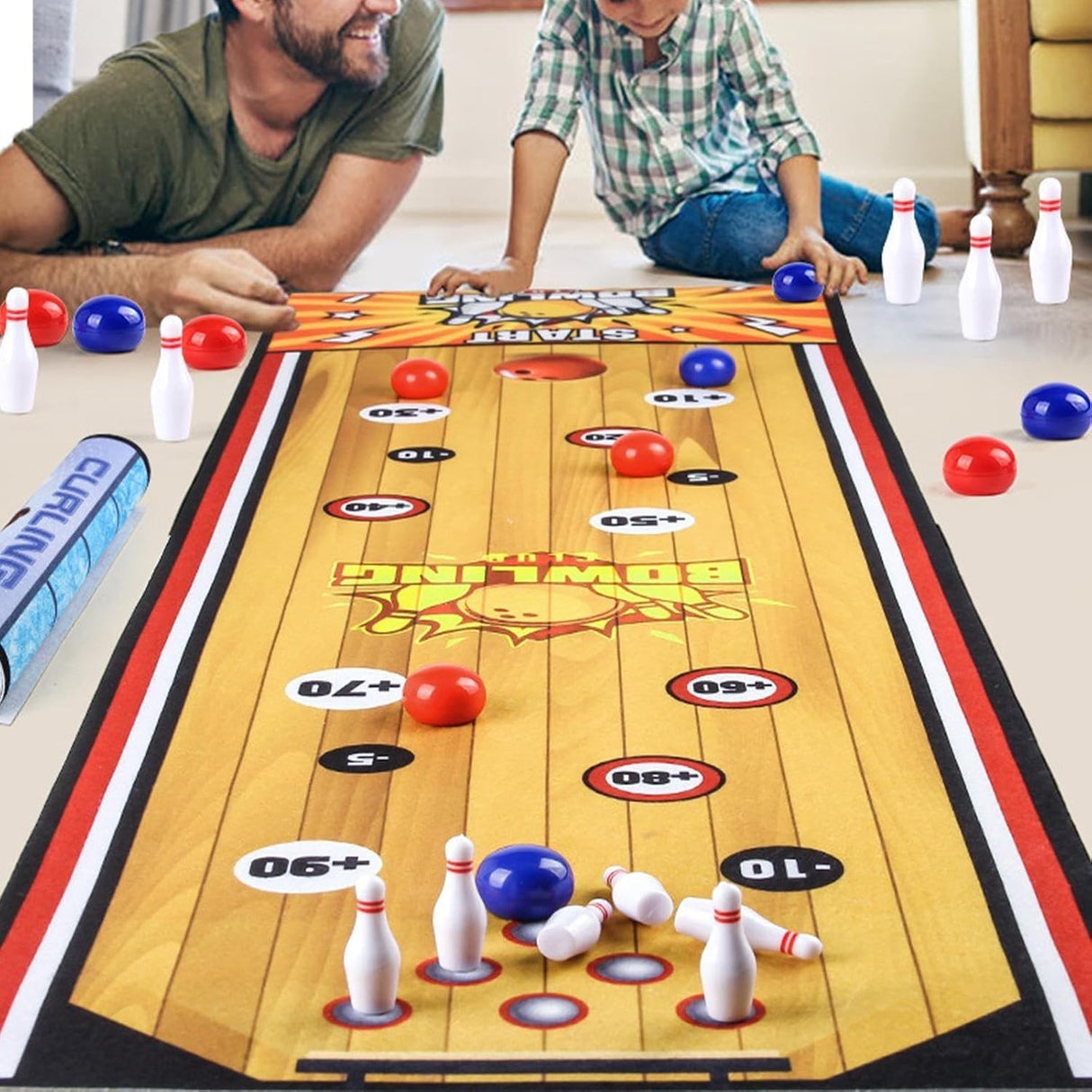 Joc Interactiv, Vivimall, Covor de Bowling 90 x 20 cm, 1-4 Jucatori, +5 Ani, 6 Mingi Incluse, 6 Popice, Galben - vivimall.ro