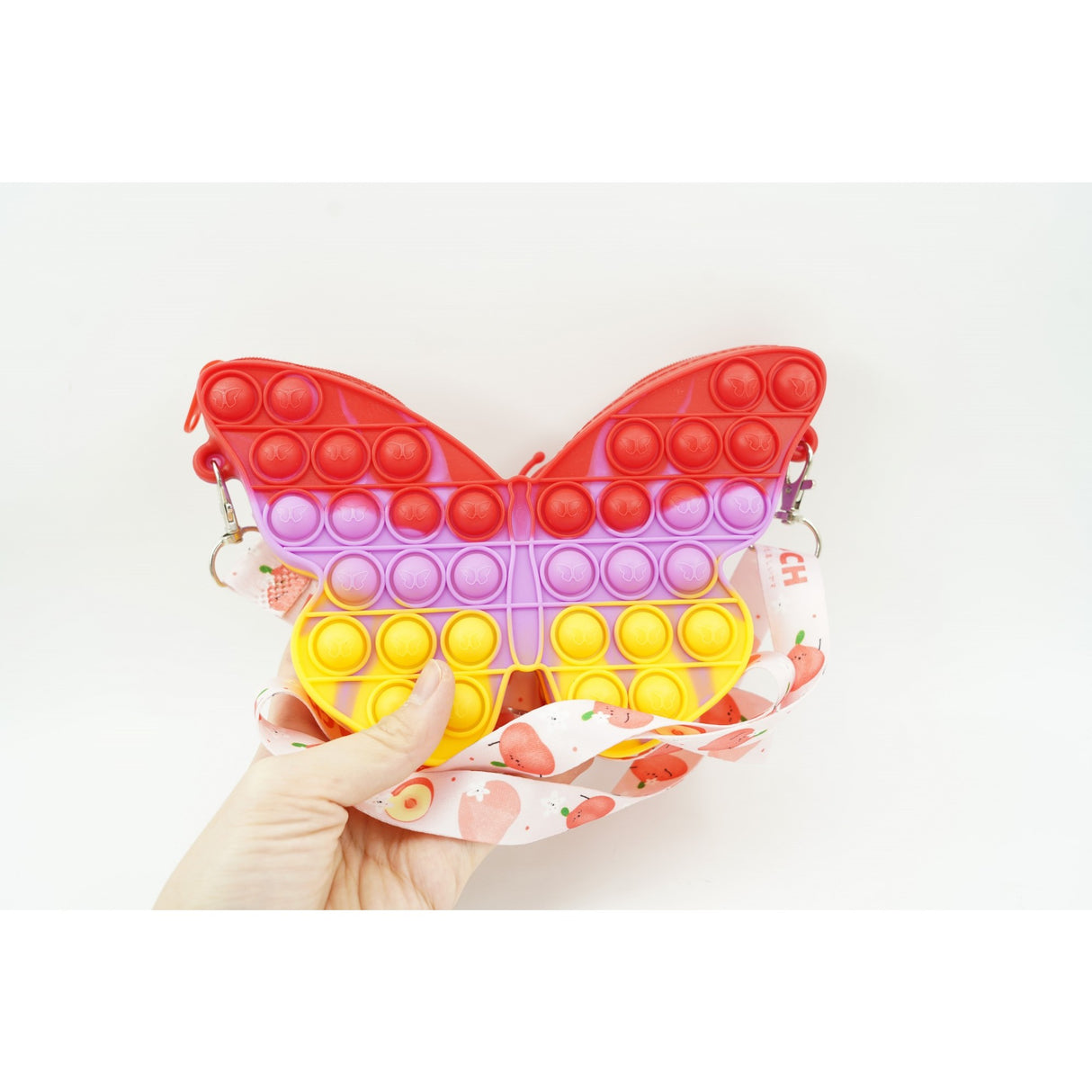 Jucarie antistres din silicon, Flippy, Pop It Now and Flip It, Geanta de umar, Fluture, Galben/Mov - vivimall.ro