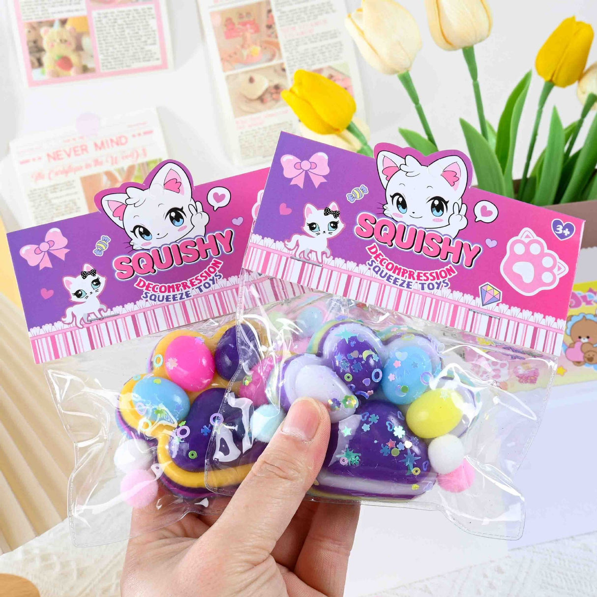 Jucarie Antistres Squishy, Vivimall, Labuta de Pisica Squeeze Toys, cu Revenire Lenta, 7.5 cm, Model 270513, Multicolor - vivimall.ro