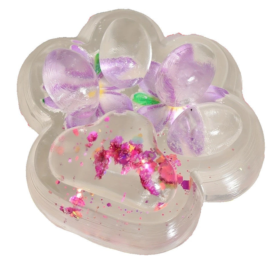 Jucarie Antistres Squishy, Vivimall, Labuta de Pisica Pufoasa, cu Revenire Lenta, 7 x 6.5 cm, Model Flori 2, Transparent - vivimall.ro
