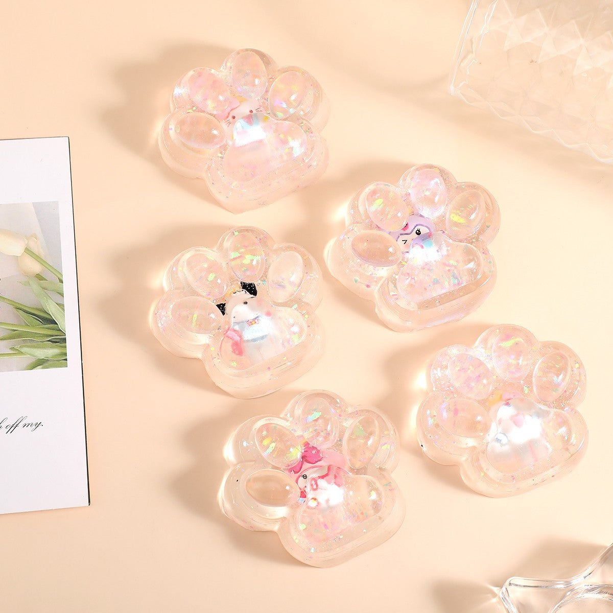 Jucarie Antistres Squishy, Vivimall, cu Revenire Lenta, Squeeze Pinch Family, Model Cat Paw, 6.5 x 7 cm, din Tpr, 4-6 Ani, Model 1 Figurina, Transparent