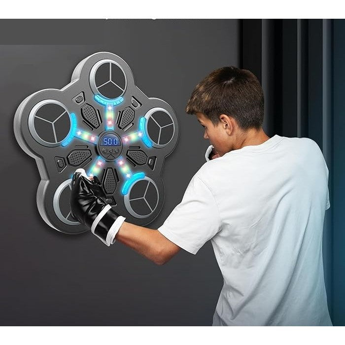 Jucarie de Boxat cu Muzica si Lumini, Flippy, Manusi Incluse, Bluetooth, Incarcare USB, Aplicare cu Ventuze, 5 Tinte, 33x33x4.5 cm, 930 g, Negru