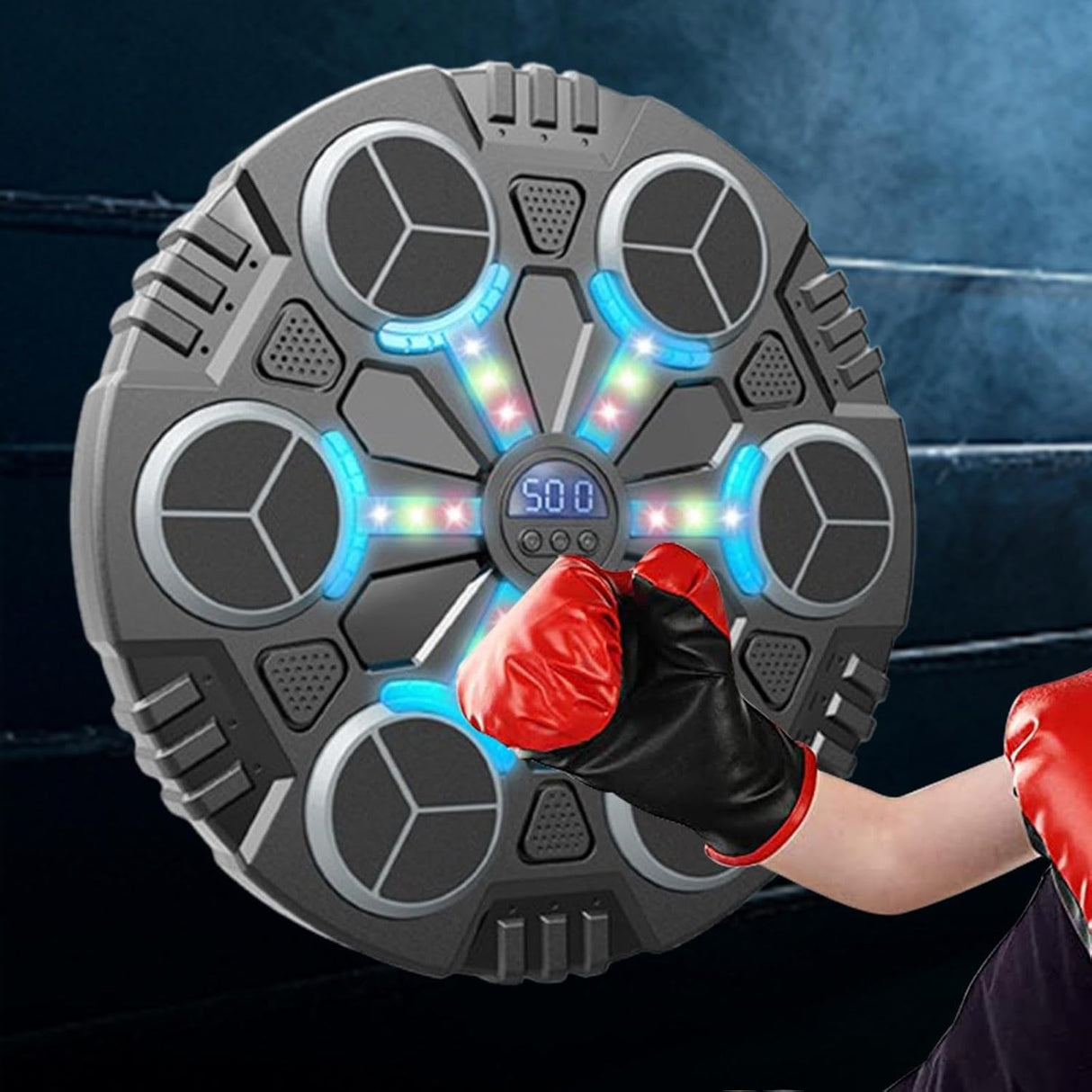 Jucarie de Boxat cu Muzica si Lumini, Flippy, Manusi Incluse, Bluetooth, Incarcare USB, Aplicare cu Ventuze, 6 Tinte, 32x27x3.5 cm, 930 g, Negru