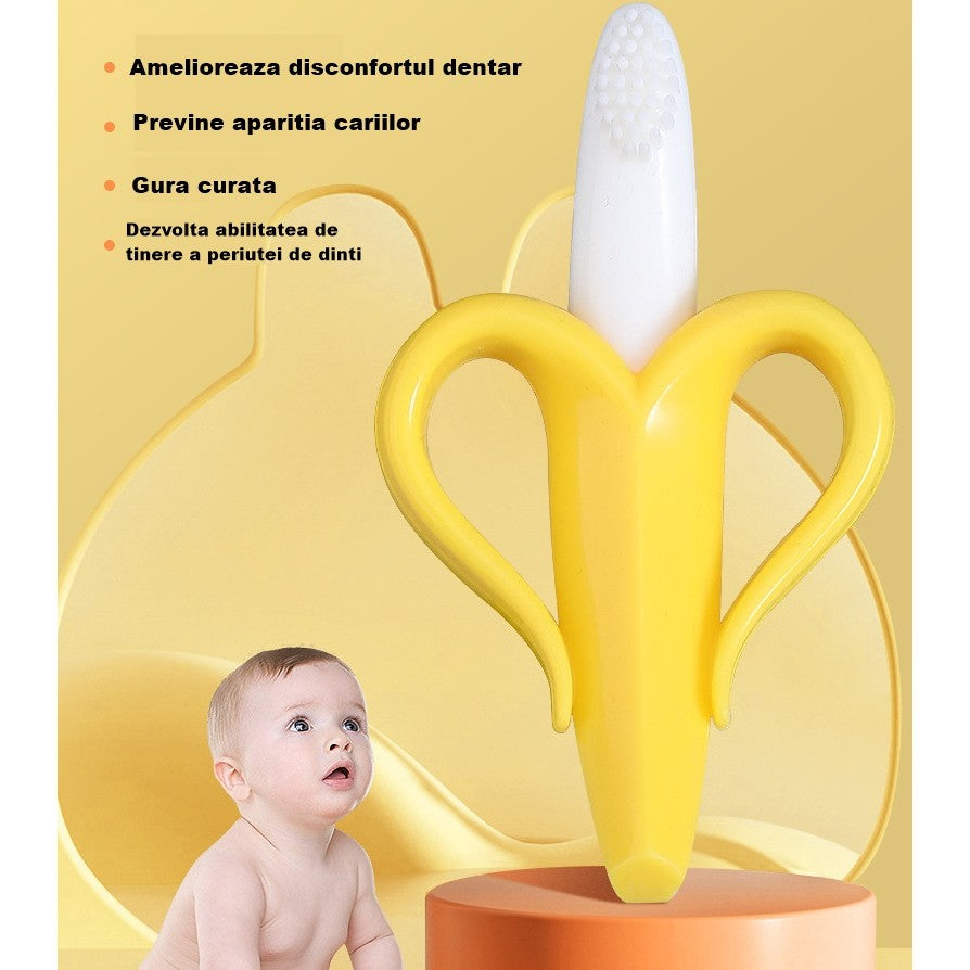 Jucarie dentitie bebelusi Flippy, banana, cu manere de prindere, material silicon non-toxic, fara miros, 10.5x5.9 cm, galben