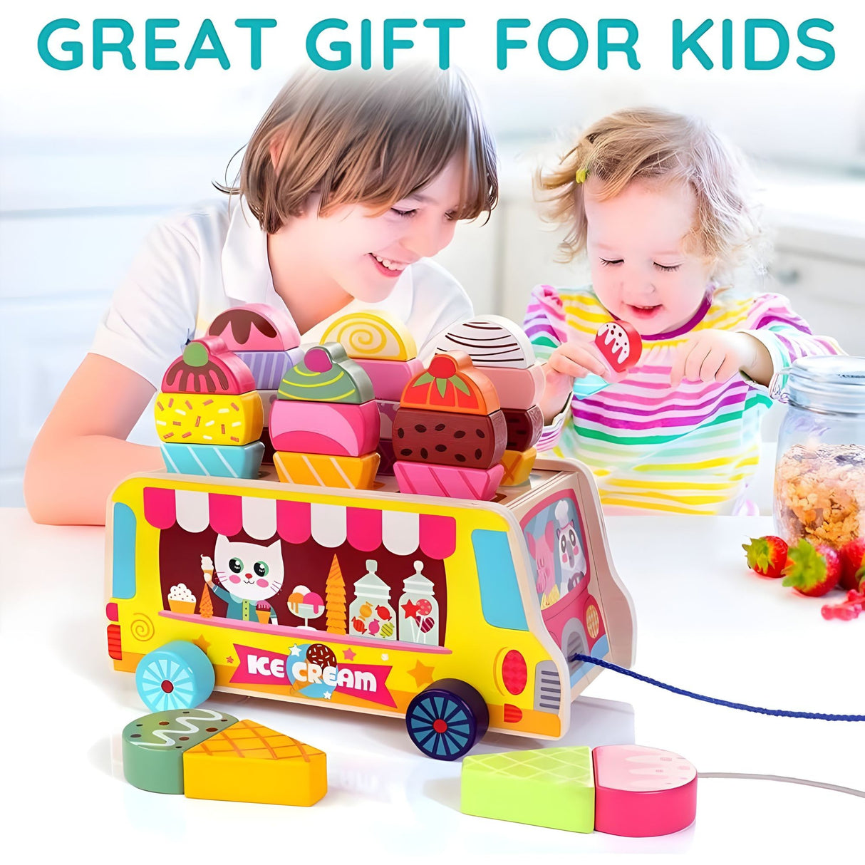 Set complet jucărie educativă Montessori Flippy Camion Înghețată, toate piesele expuse, vedere de sus