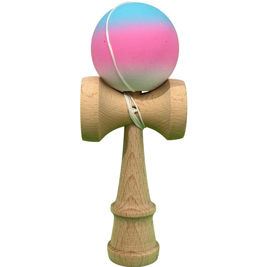 Jucarie Kendama X Originala, Profesionala din Lemn, Rubber Grip, 18 cm, Gradient Albastru/Roz/Alb - vivimall.ro