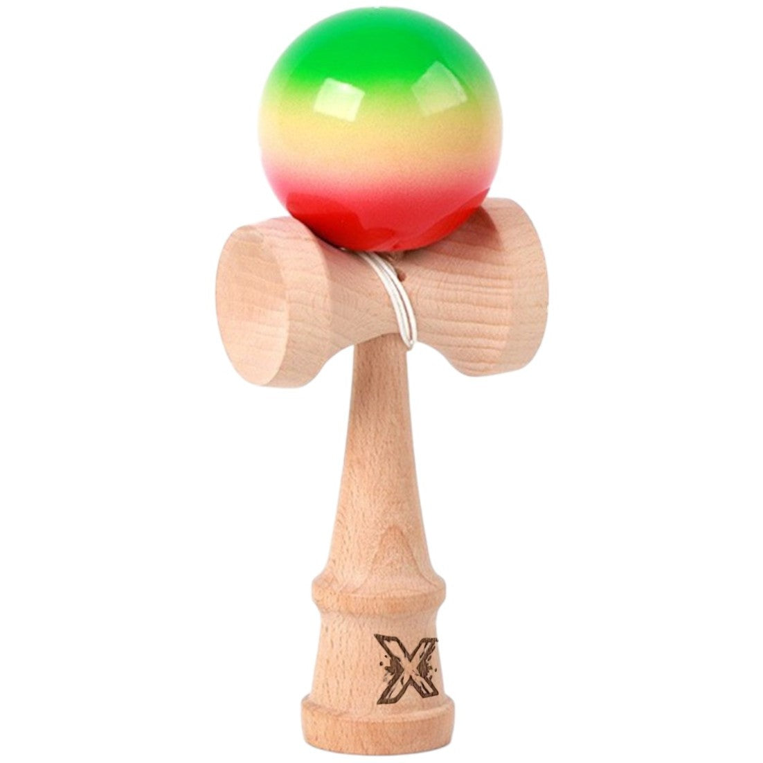 Jucarie Interactiva Kendama Profesionala, Flippy, din Lemn, 18 cm, Joc de Indemanare pentru Copii si Adulti, Model 3 Gradient Verde Galben Rosu