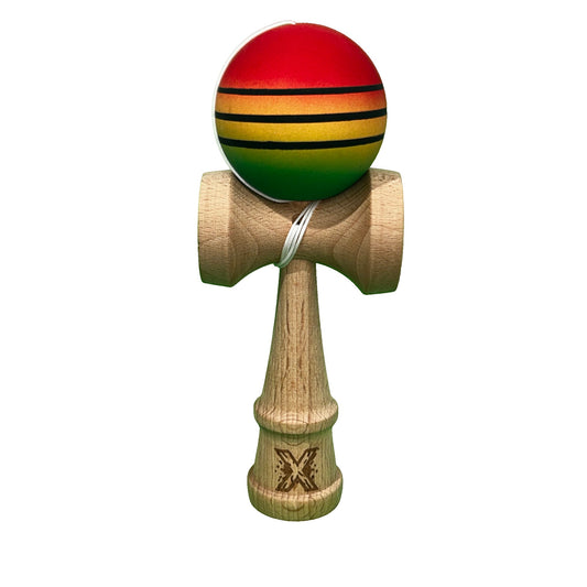 Jucarie Kendama X Originala, Profesionala din Lemn, Rubber Grip, 18 cm, Rosu/Galben/Verde - vivimall.ro