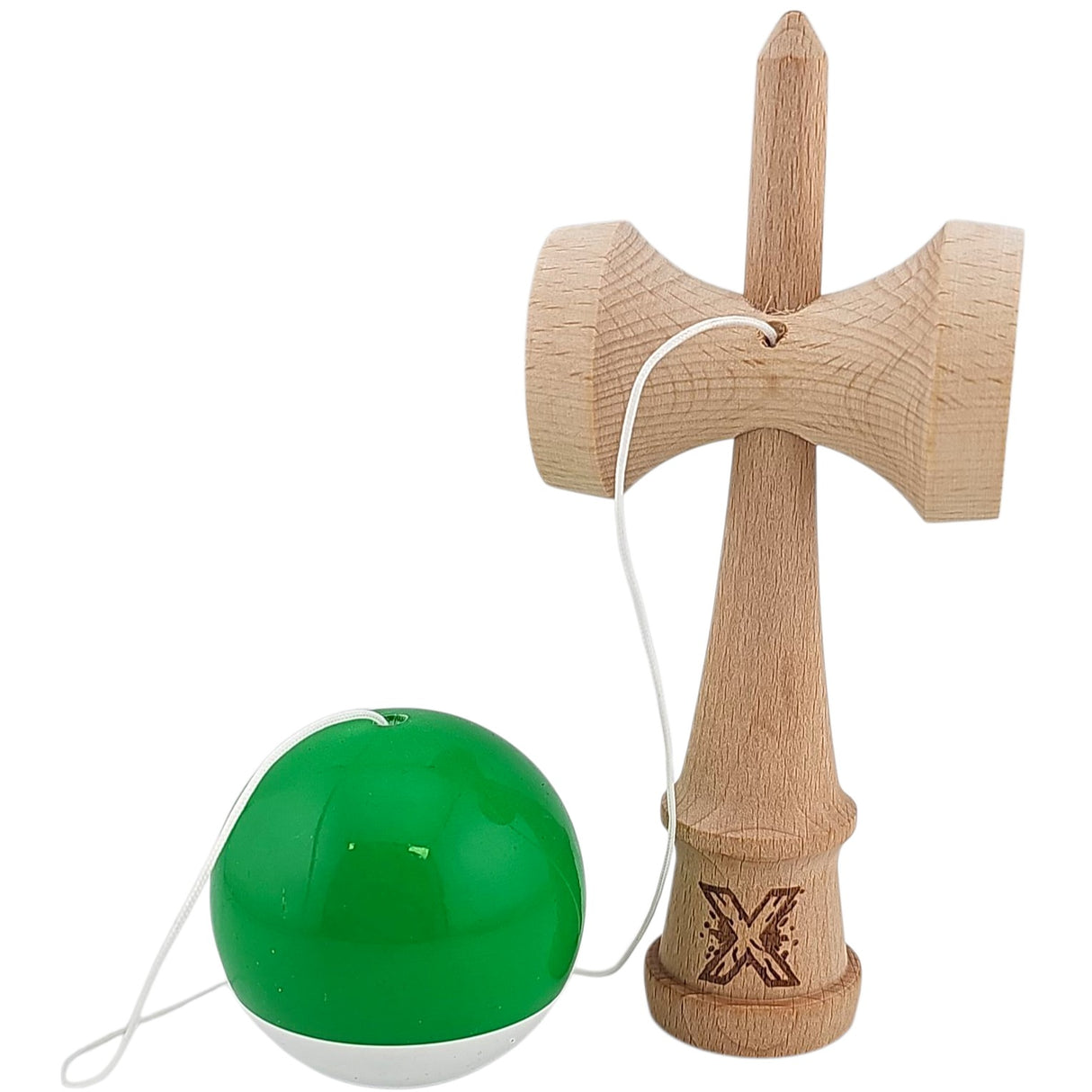Jucarie Kendama X Originala, Profesionala, Vivimall, Super Sticky din Lemn, 18 cm, pentru Copii si Adulti, Verde inchis/Alb - vivimall.ro