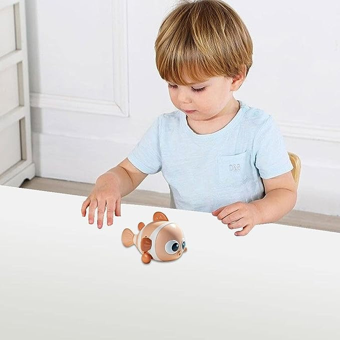 Jucarie mecanica pentru copii Flippy, pestisor haios, cu cheita, distractiv, se taraste, se misca, 11 x 9 x 7.5 cm cm, portocaliu