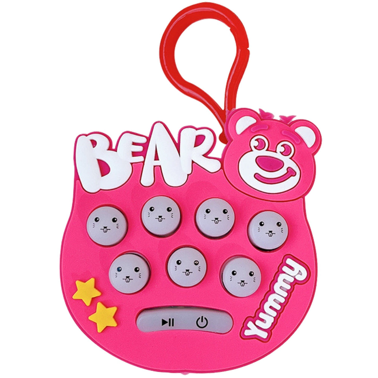 Jucarie pentru copii portabila Vivimall, joc Gopher, cu lumini si muzica, tip breloc, model ursulet, material silicon si ABS, roz