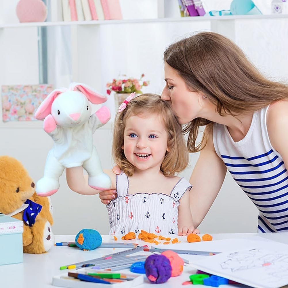 Papusa de Mana pentru Teatru de Papusi, Flippy, din Plus, 25 x 10 x 8 cm, Model Iepure, Alb/Roz - vivimall.ro