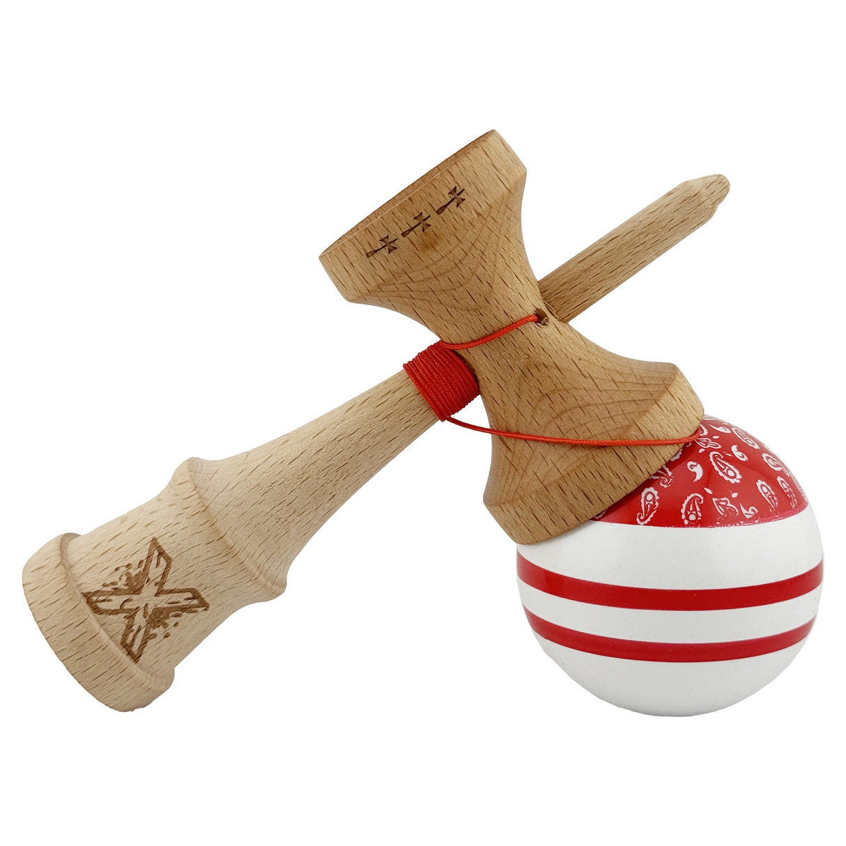 Kendama X CHICANOS Originala, Profesionala, Flippy, Big Cups V2, Super Sticky cu Cupe Mari, Rulment Metalic, din lemn 18 cm, Ata 55 cm, Rosu/Alb - vivimall.ro