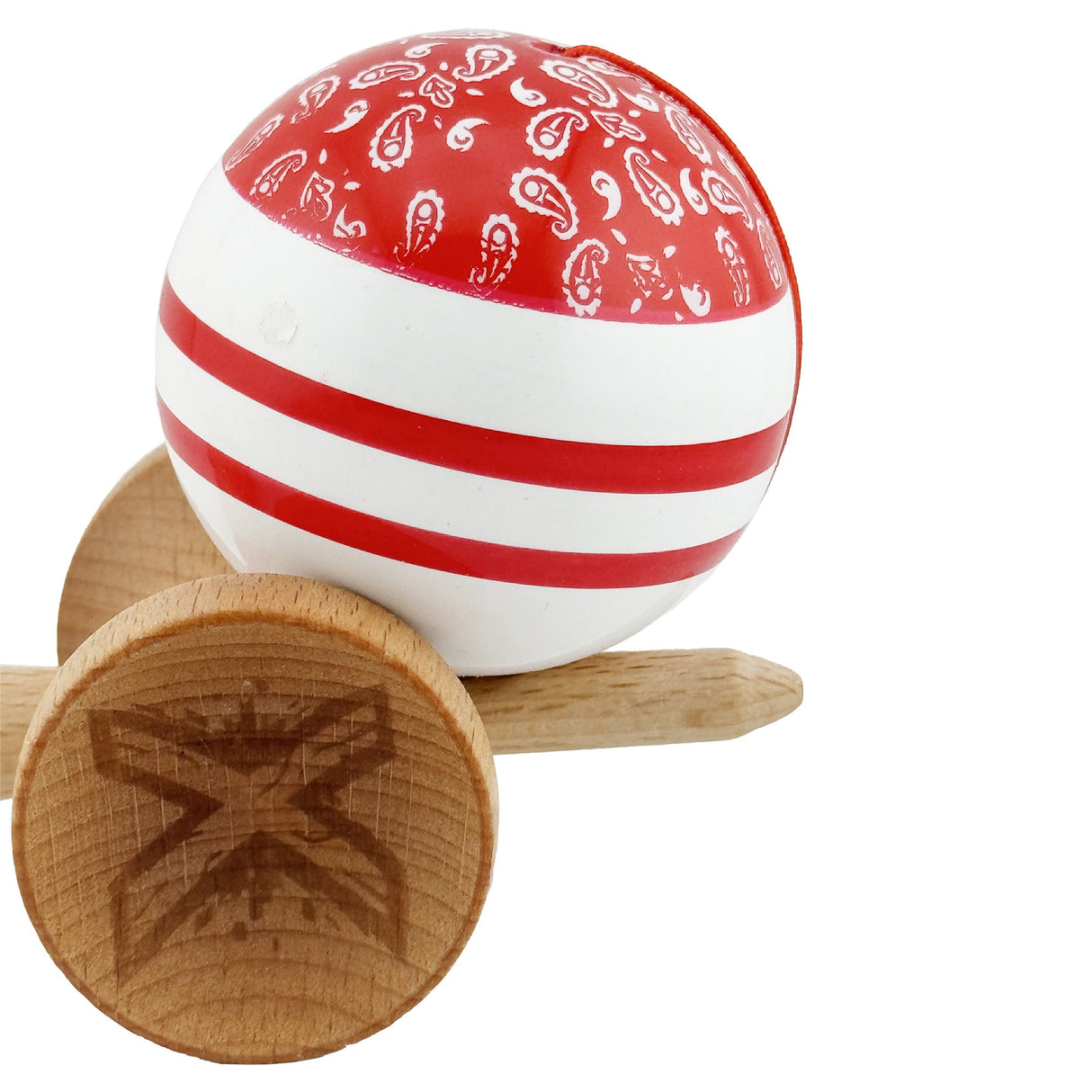 Kendama X CHICANOS Originala, Profesionala, Flippy, Big Cups V2, Super Sticky cu Cupe Mari, Rulment Metalic, din lemn 18 cm, Ata 55 cm, Rosu/Alb - vivimall.ro