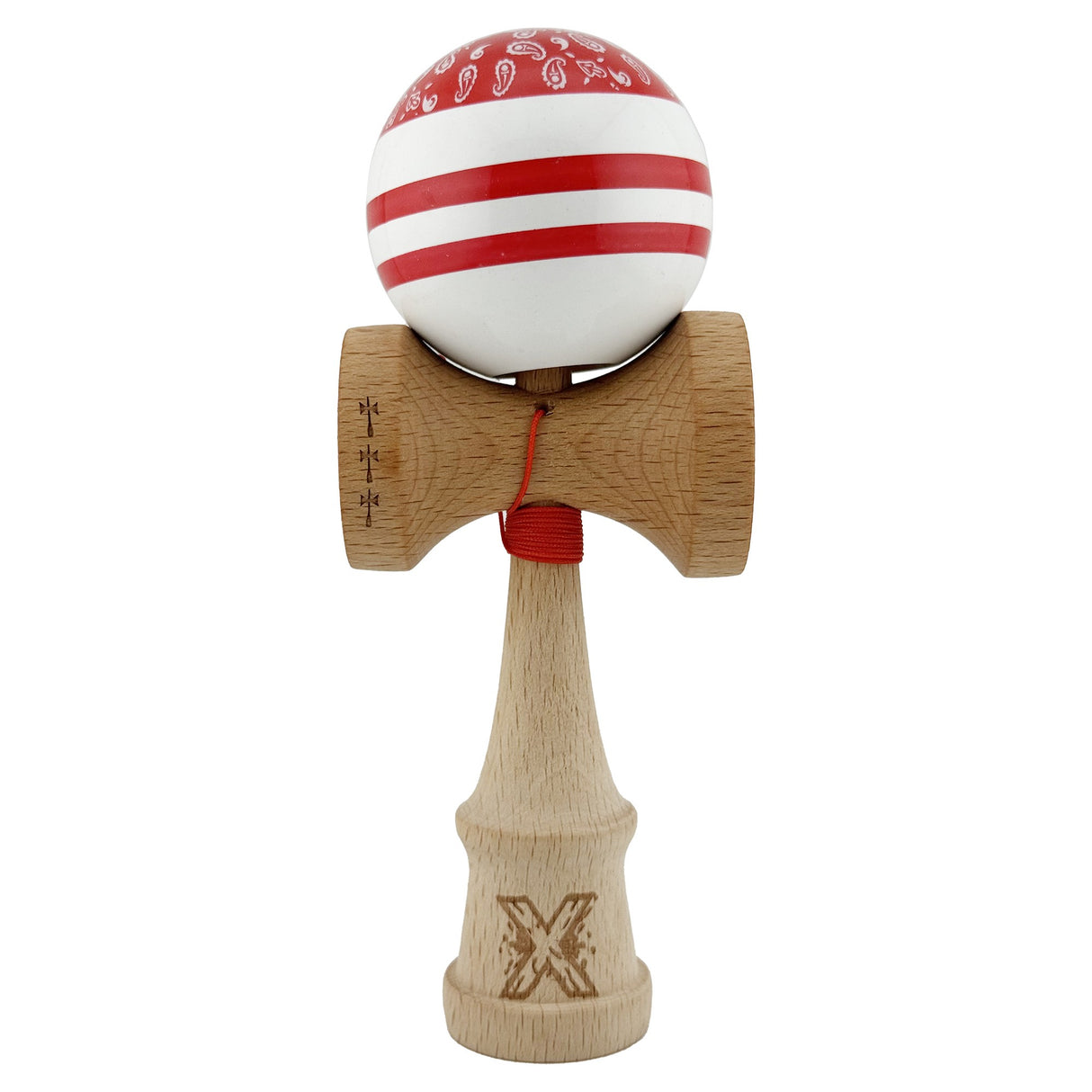 Kendama X CHICANOS Originala, Profesionala, Vivimall, Big Cups V2, Super Sticky cu Cupe Mari, Rulment Metalic, din lemn 18 cm, Ata 55 cm, Rosu/Alb - vivimall.ro