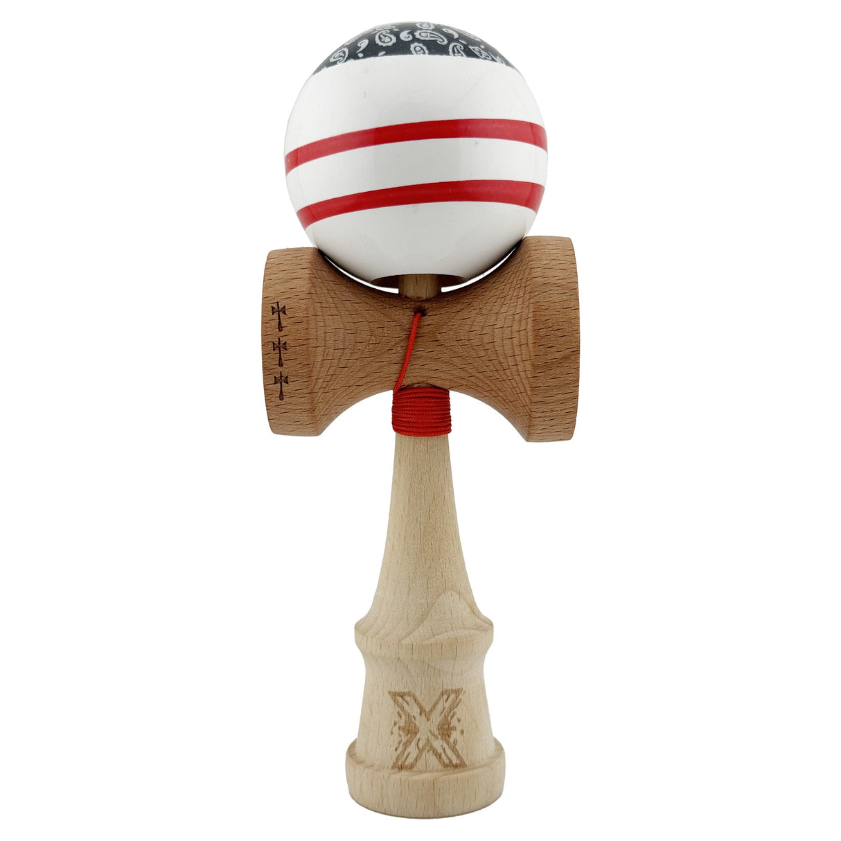 Kendama X CHICANOS Originala, Profesionala, Vivimall, Big Cups V2, Super Sticky cu Cupe Mari, Rulment Metalic, din lemn 18 cm, Ata 55 cm, Negru/Alb - vivimall.ro