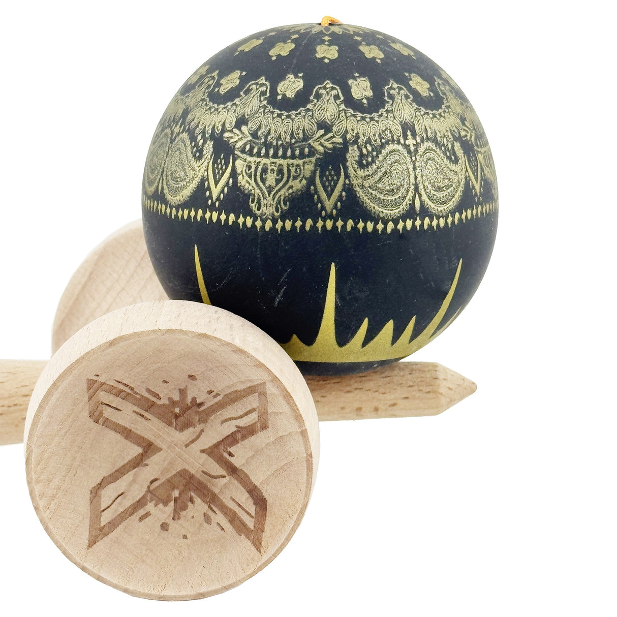Kendama X Originala, Profesionala, Flippy, Legendary IMPERIAL, Super Sticky, Cupe Mari KING SIZE V3, Gaura in Baza, Rulment Metalic, din lemn 18 cm, Ata 62/65 cm, Negru/Auriu - vivimall.ro