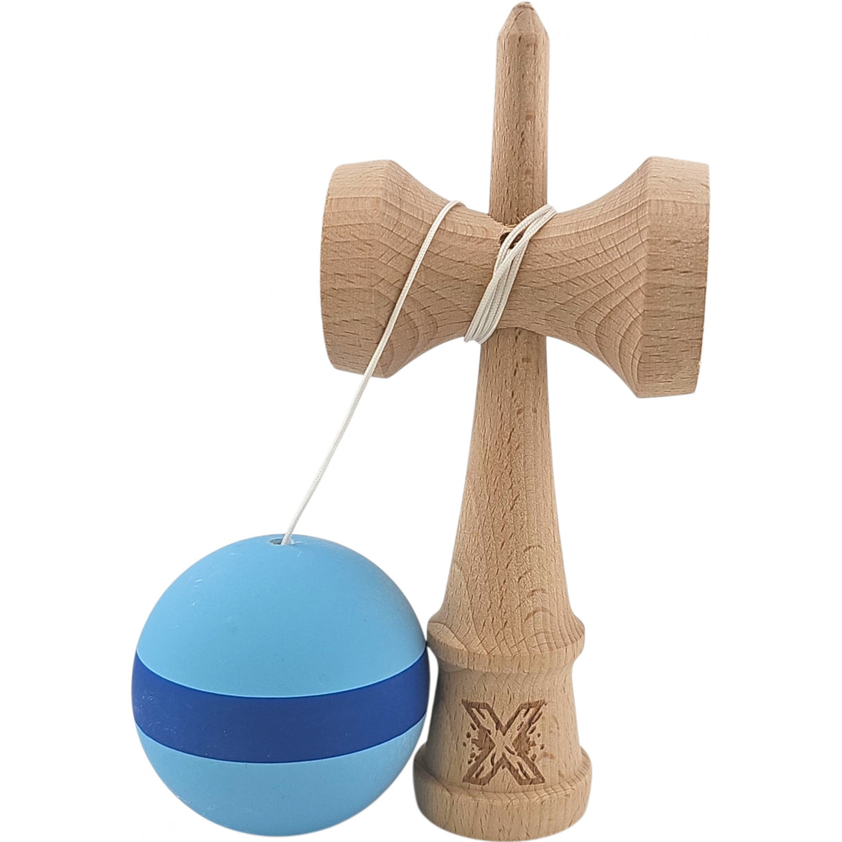 Kendama X Originala, Profesionala, Flippy, 18 cm din Lemn, Model cu Dunga, Bleu/Albastru