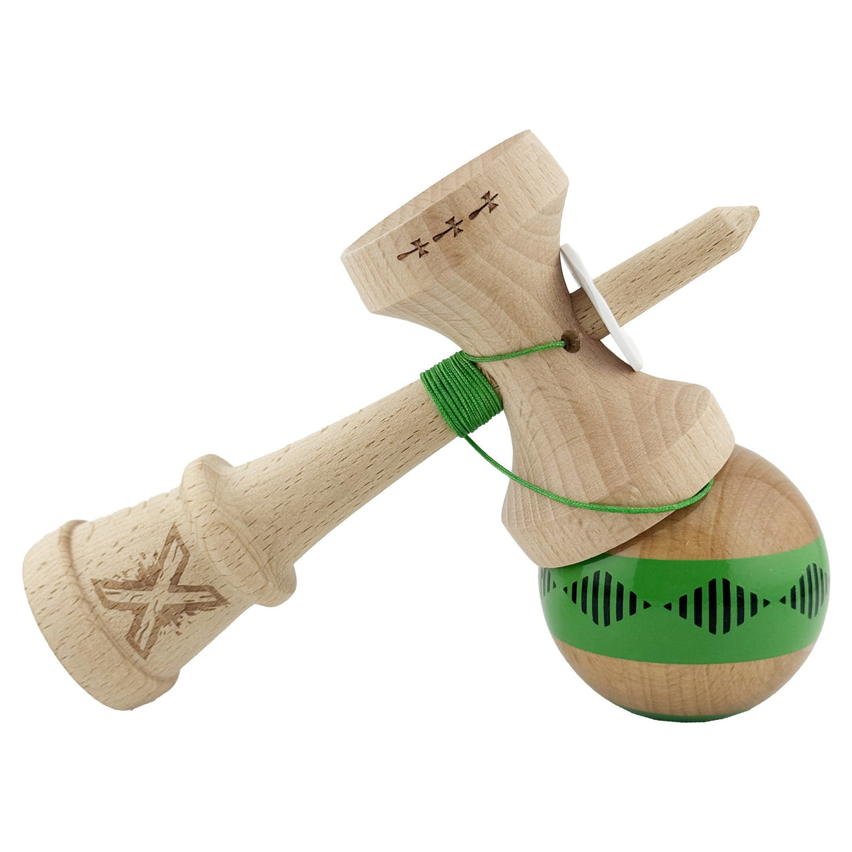 Kendama X Originala FREQUENCY, Profesionala, Vivimall, Cupe Mari KING SIZE V3, Super Sticky, Gaura in Baza, Rulment Metalic, din lemn 18 cm, Ata 55 cm, Verde/Maro