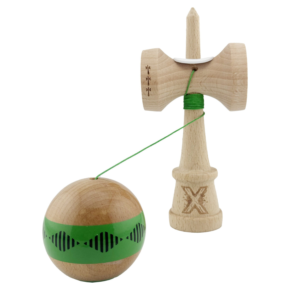 Kendama X Originala FREQUENCY, Profesionala, Vivimall, Cupe Mari KING SIZE V3, Super Sticky, Gaura in Baza, Rulment Metalic, din lemn 18 cm, Ata 55 cm, Verde/Maro