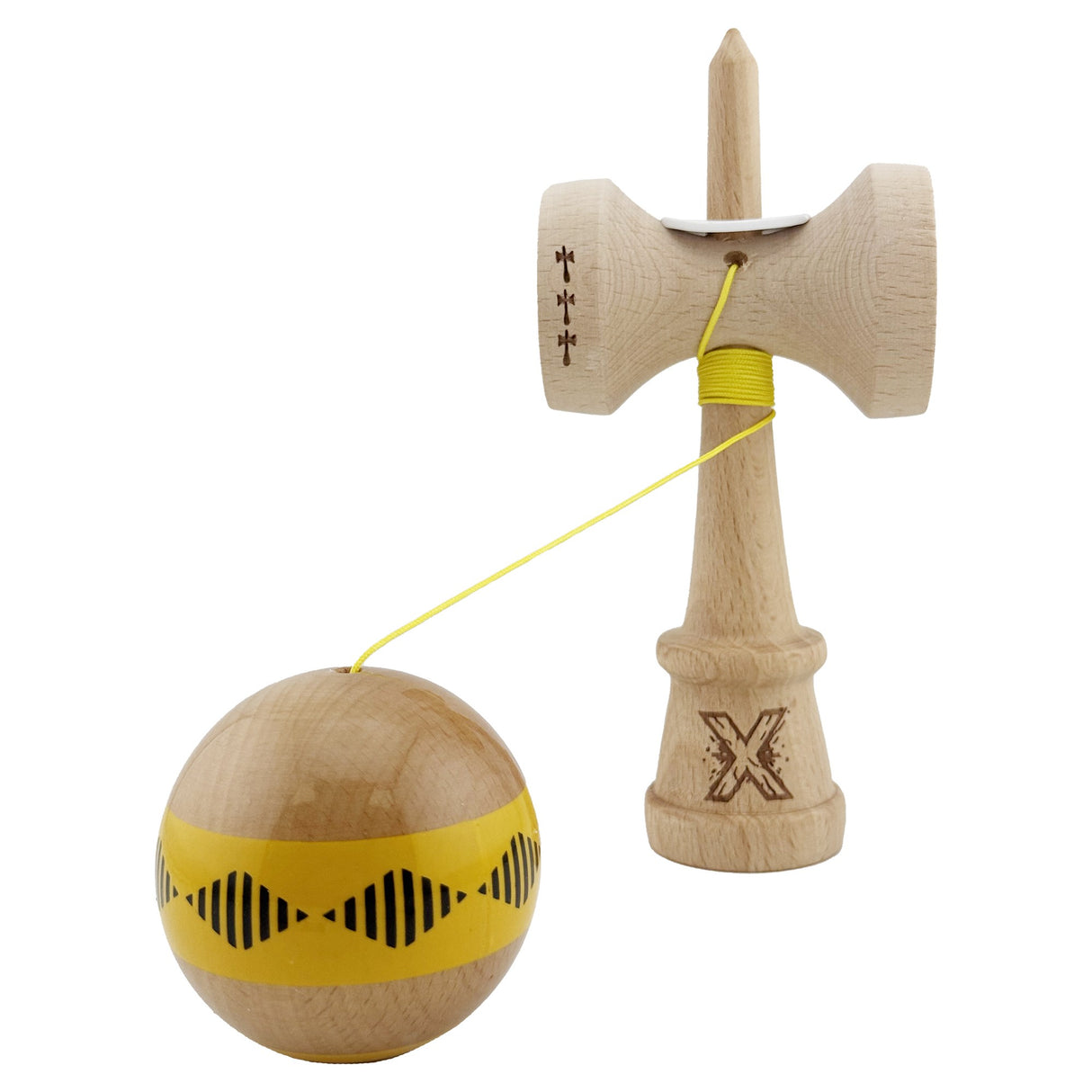 Kendama X Originala FREQUENCY, Profesionala, Vivimall, Cupe Mari KING SIZE V3, Super Sticky, Gaura in Baza, Rulment Metalic, din lemn 18 cm, Ata 55 cm, Galben/Maro