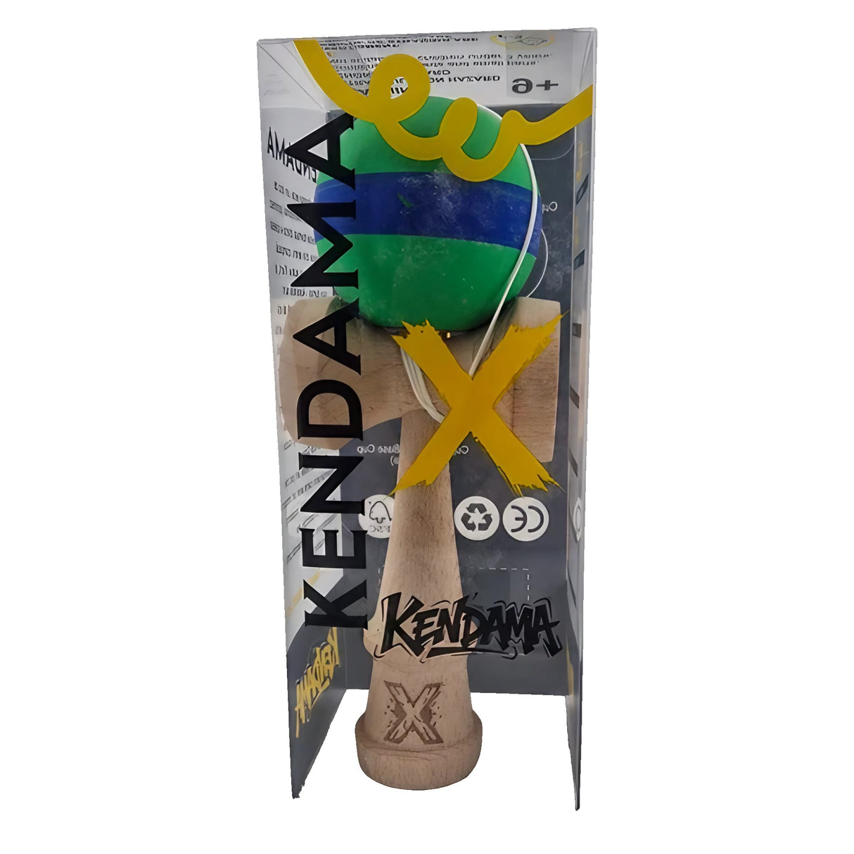 Kendama X Originala, Profesionala, Flippy, 18 cm, din Lemn, Rubber Grip, Verde/Albastru