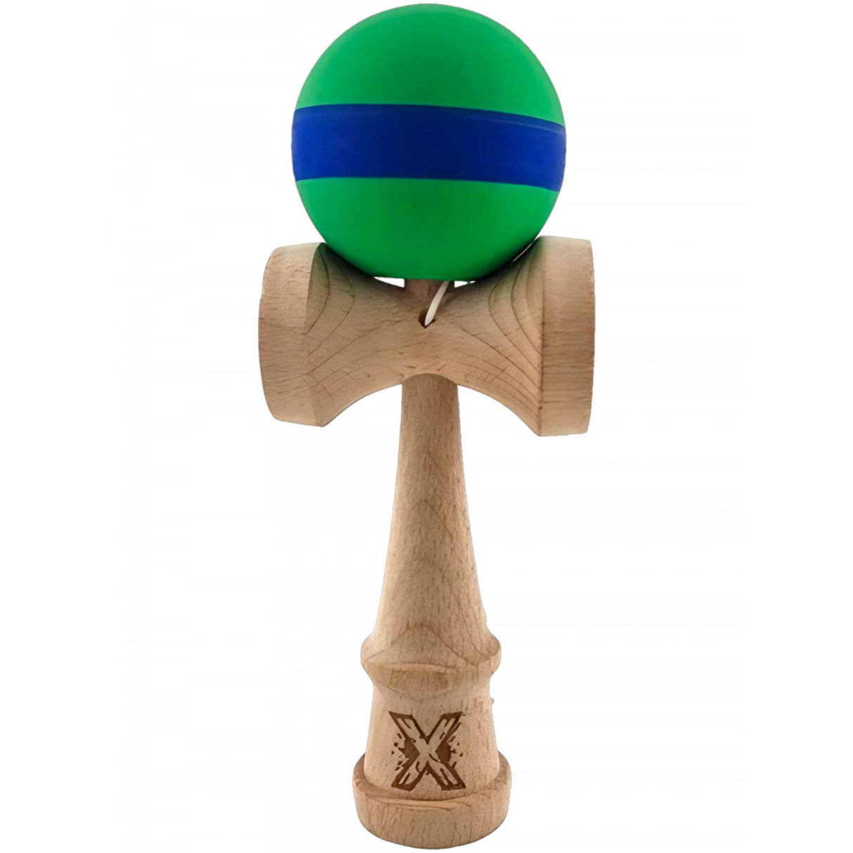 Kendama X Originala, Profesionala, Flippy, 18 cm, din Lemn, Rubber Grip, Verde/Albastru