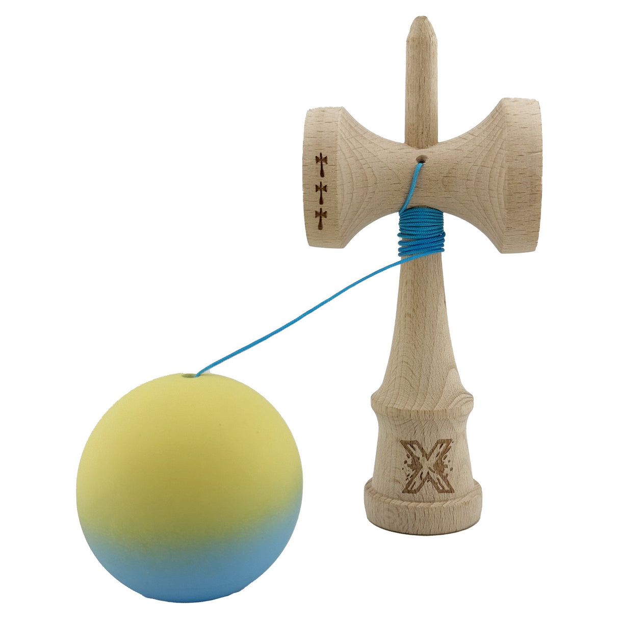 Kendama X Originala, Profesionala, Flippy, Big Cups V2, Rubber Grip cu Cupe Mari, Rulment Metalic cu Ata 55 cm,-Gradient Galben/Albastru - vivimall.ro